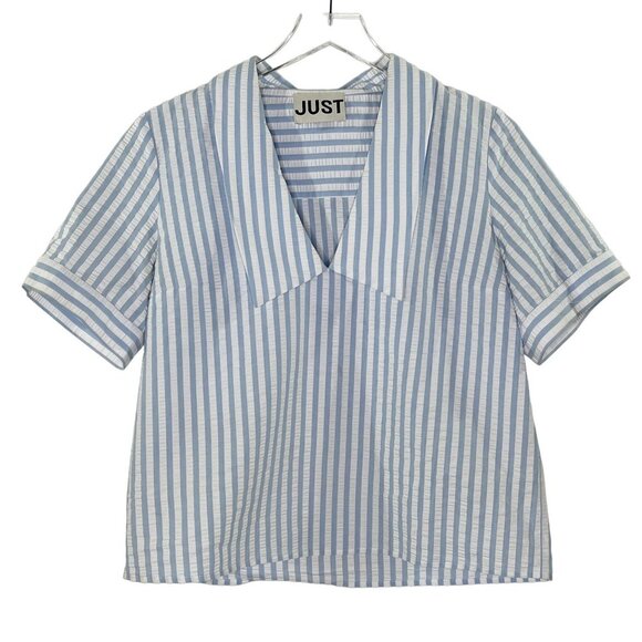 Just Female Seersucker Blue and White Striped Blouse - Picture 1 of 8